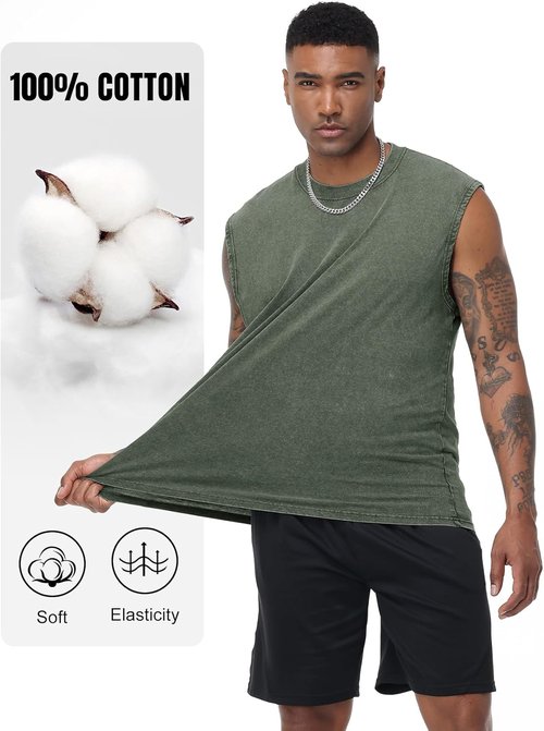 Flygo Men's Sleeveless Workout Tank Tops - Acid Wash Cotton Muscle Tees for Gym & Running
