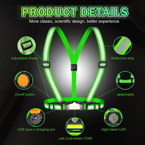 500LM Running Lights for Runners, Adjustable 100° Beam Running Light Vest, 360° Reflective Running Gear Rechargeable, Runners Lights for Night Safety, Lighted Vest for Walking/Cycling/Jogging