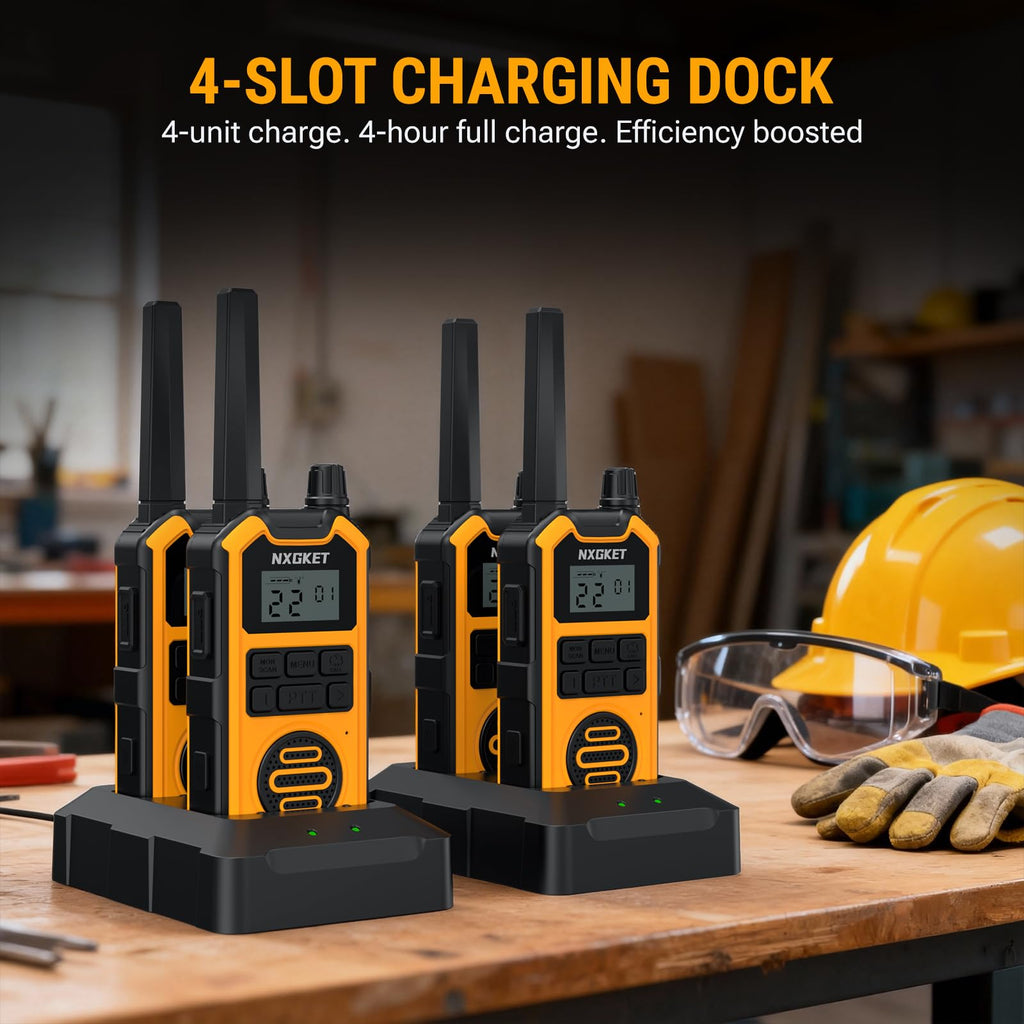 NXGKET Heavy Duty Walkie Talkies Adults, Long Range Two Way Radios, IP67 Waterproof, 2M Drop Proof, NOAA, Rechargeable, Dual PTT, Type C &Dock Charging, Emergency Radio 4 Pack, FCC Certified