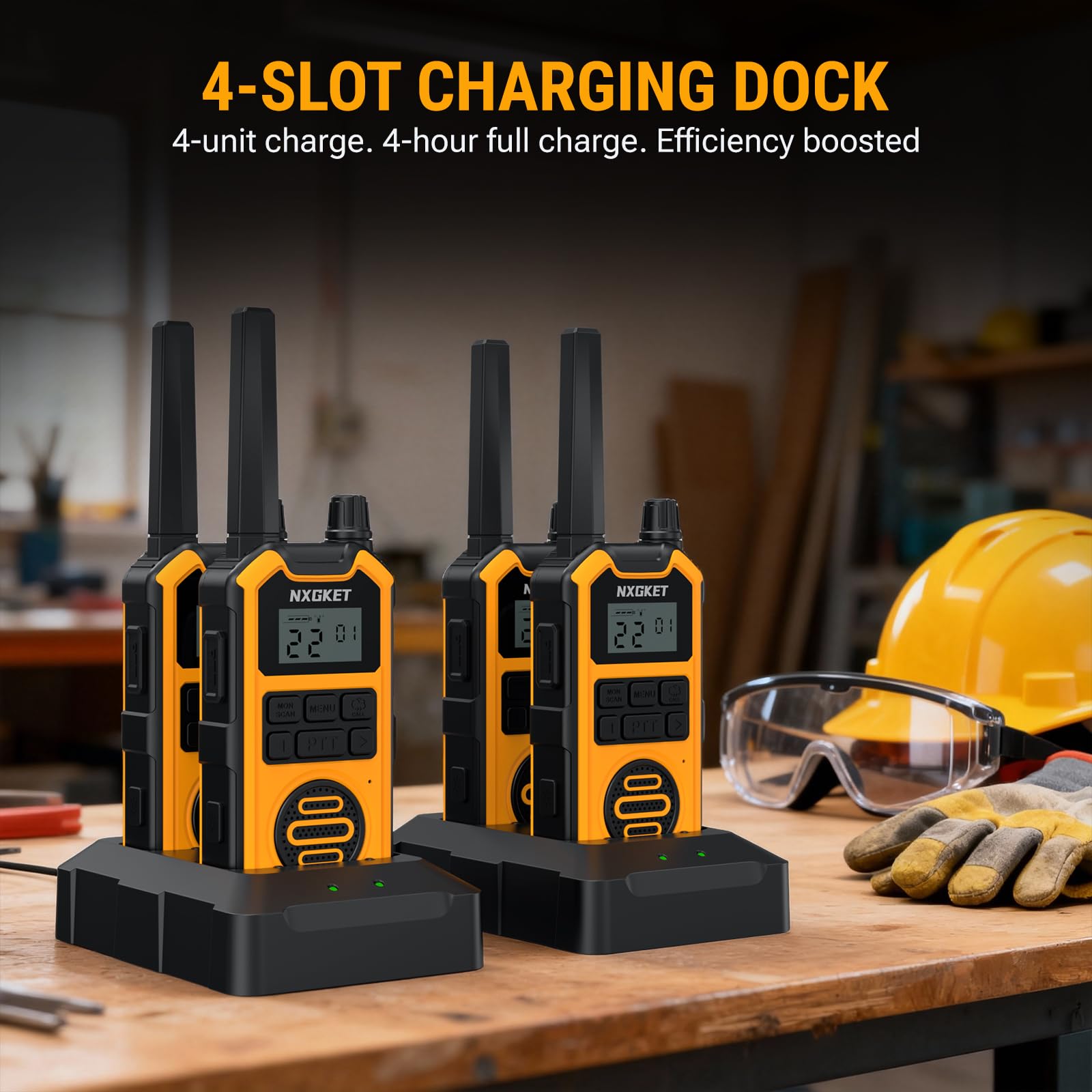 NXGKET Heavy Duty Walkie Talkies Adults, Long Range Two Way Radios, IP67 Waterproof, 2M Drop Proof, NOAA, Rechargeable, Dual PTT, Type C &Dock Charging, Emergency Radio 4 Pack, FCC Certified