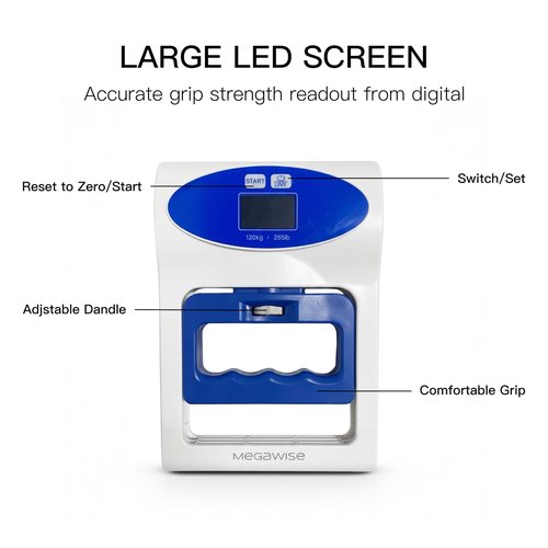 MEGAWISE Grip Strength Dynamometer Pro - Digital Hand Grip Tester & Trainer, 265lbs/120kg High Precision Sensor, Home Fitness, gym (White)