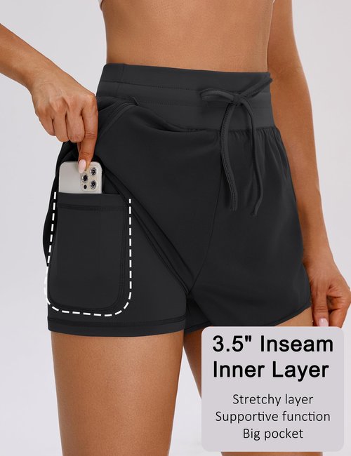 BMJL Womens 2 in 1 Running Shorts for Gym 2.5" Black High Waisted Drawstring Athletic Workout Shorts 3 Pockets（M,Black）