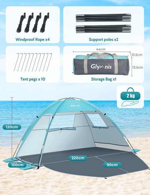 Glymnis Beach Tent Sun Shelter for 3 Person with UPF 50+ UV Protection, Lightweight & Easy Setup Beach Shade Canopy with Vent Windows & Zippered Door - Blue