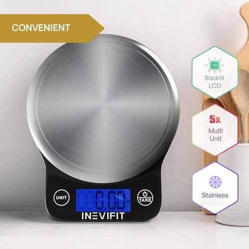 INEVIFIT Digital Kitchen Scale - Highly Accurate Multifunction Food Scale Up to 13 lbs | Modern Black with Stainless Steel Finish