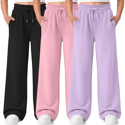 LessonZoo 3 Pack Girls' Sweatpants Straight Wide Leg Kids Drawstring Casual Joggers Teen Loose Athletic Pants with Pockets(9-10 Years,Light Purple, Pink, Black)