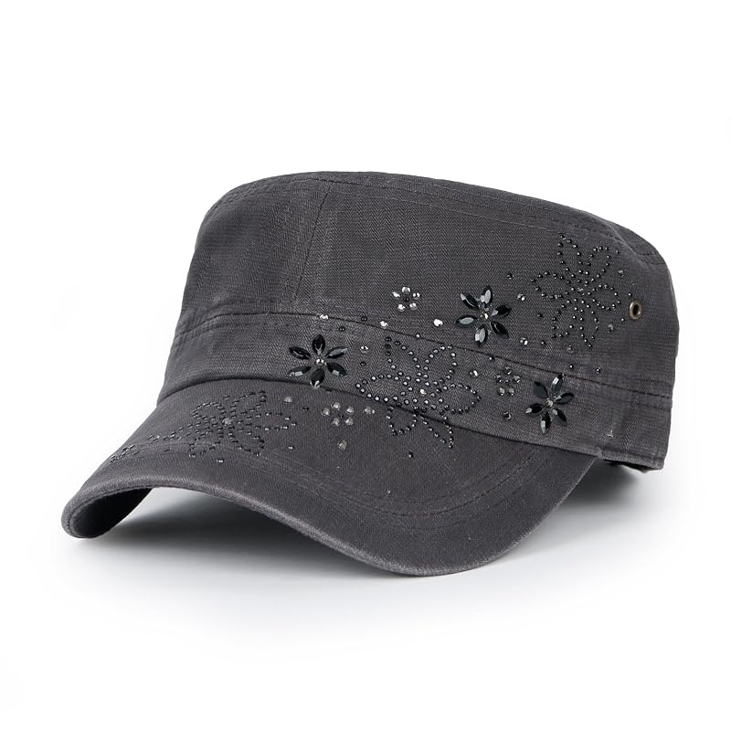 Rhinestone Cadet Cap - Vintage Distressed Cotton Army Hat, Dark Gray/Black+Medium