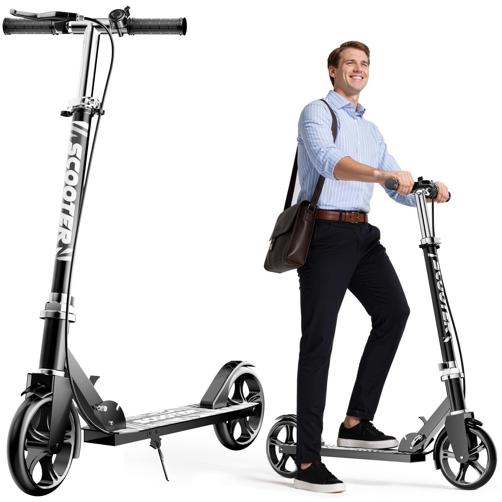 Scooters for Kids 8-12, Teens & Adults - Lightweight, Foldable, 8-Inch Big Wheels, Hand Brake & Bell, 4 Adjustable Height Levels, 240 lbs Max Load - Perfect for School, Campus and Park Rides Black