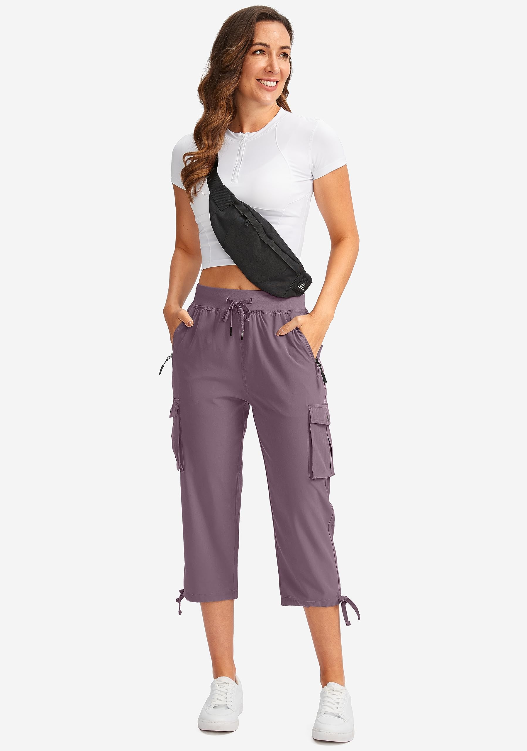 Soothfeel Women's Cargo Capris Pants with 6 Pockets Lightweight Quick Dry Travel Hiking Summer Pants for Women Casual (Purple, S)