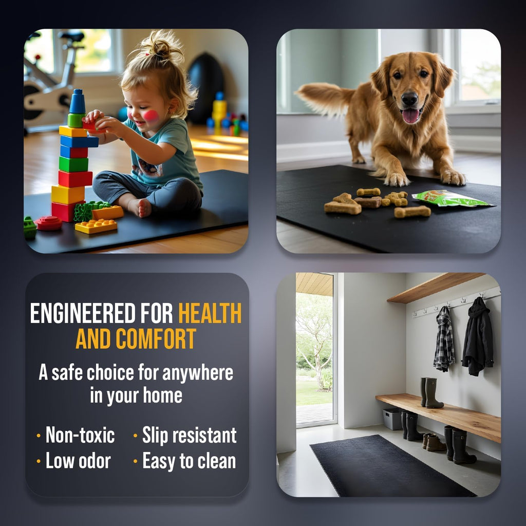 Rubber King Multi-Purpose Exercise Mat - 4' x 6' x 3mm - 100% Recycled Thick Rubber Mat for Home Gym Flooring, Non-Slip, Low-Odor Durable Workout Mat for Indoor/Outdoor, Shoe-Friendly - Black