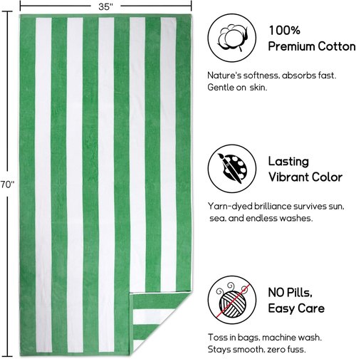Cabanana Large Oversized Beach Towel - Soft Green Striped Cotton Pool Towel | 35 x 70 Inch