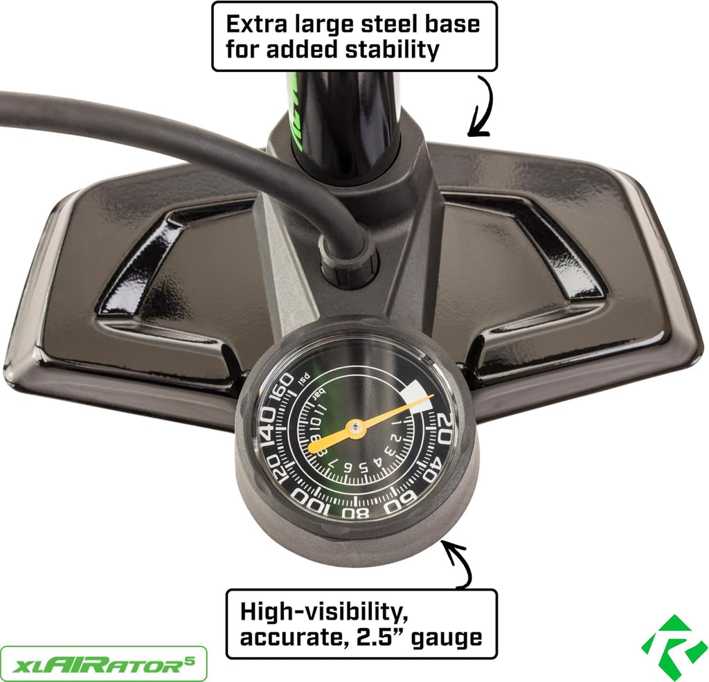 Revere xlAIRator 5 Bike Floor Pump - 160 PSI Dual Valve, Extra-Large Gauge & 41" Hose | Includes Patch Kit for Road & Mountain Bikes