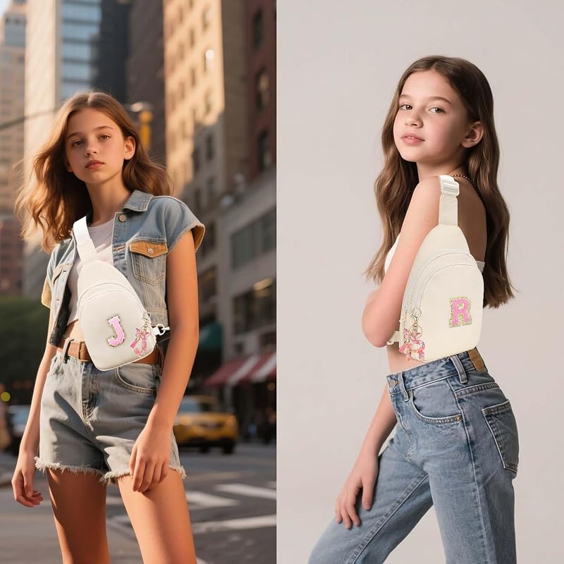 Beige Personalized Belt Bag for Girls — Initial Letter Patch Fanny Pack, Adjustable Crossbody