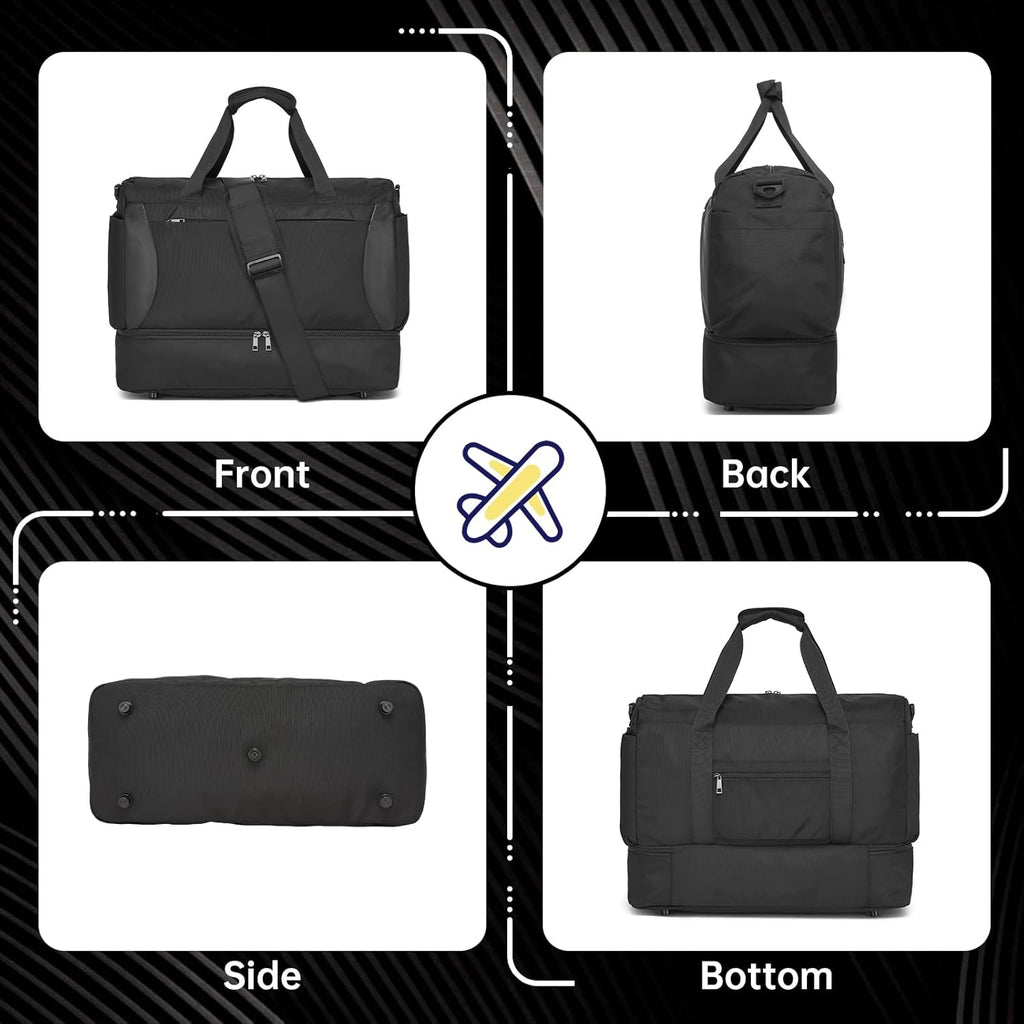Seyfocnia Gym Duffel Bag - Lightweight Travel Bag with Shoe Compartment | Black Weekender for Men & Women