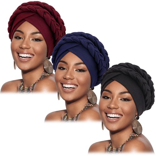DRESHOW African Women Turban Caps Cotton Beanie Twist Headscarf Pre-Tied Double Twisted Braids Wrap Hat Headwraps for Black Women Chemo Cancer Cap