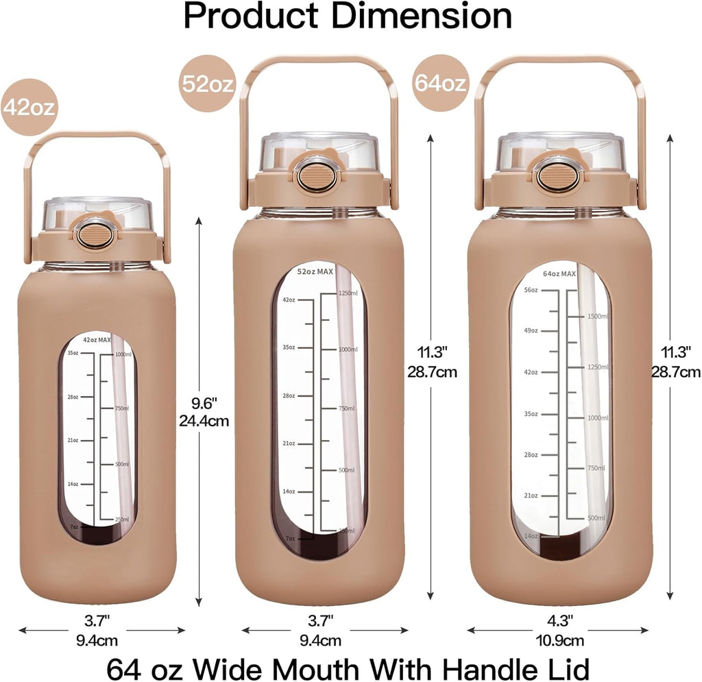 Skiennix Half Gallon Glass Water Bottle - 42oz/52oz/64oz with Straw, Time Marker & Silicone Sleeve for Gym