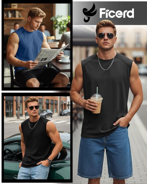 Ficerd 3 Pack Men's Sleeveless Tank Tops, Crewneck Casual Summer Tee Beach T Shirt Workout Run Gym Muscle Shirt(Black, Dark Gray, Denim Blue,X-Large)