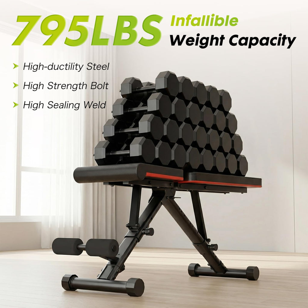 OLIXIS Adjustable Weight Bench for Full Body Strength Training, Foldable Workout Bench with Incline Decline Flat Positions, 795 lbs Capacity Dumbbell for Home Gym, Sit Up and Ab Exercises