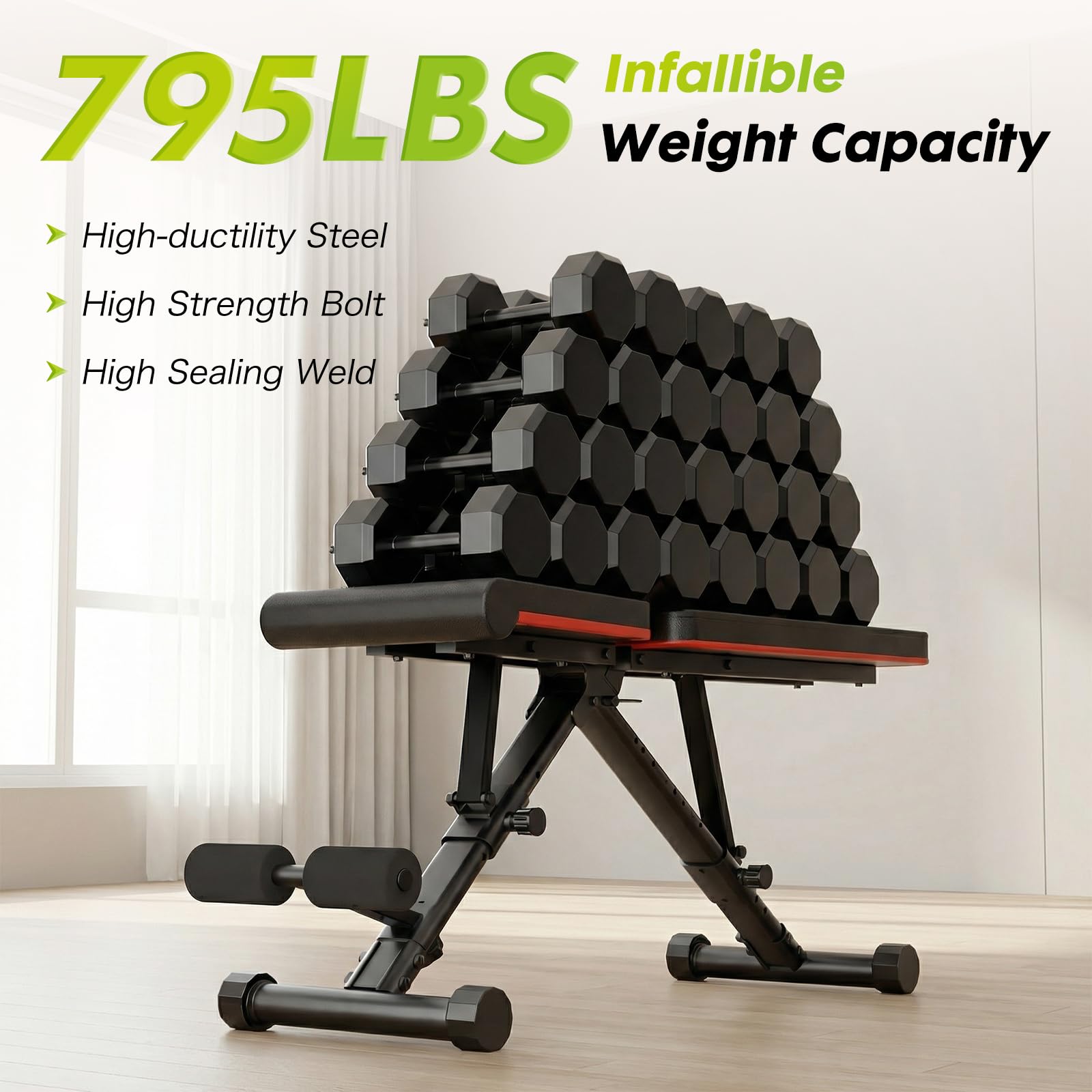 OLIXIS Adjustable Weight Bench for Full Body Strength Training, Foldable Workout Bench with Incline Decline Flat Positions, 795 lbs Capacity Dumbbell for Home Gym, Sit Up and Ab Exercises