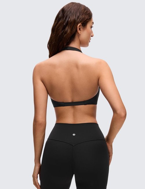 CRZ YOGA Butterluxe Sports Bra - Double Lined Deep V Neck Crop Top with Open Back | Non-Padded Design