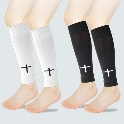 2 Pairs Pre Cut Soccer Socks, Polyester Shin Guard Sleeves White Black Cross Leg Sleeves Pre Cut Socks for Football Basketball Running