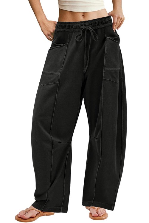 ReachMe Womens Barrel Sweatpants Baggy Wide Leg Sweat Pants Drawstring Travel Pants Summer Vacation Outfits(Black,M)