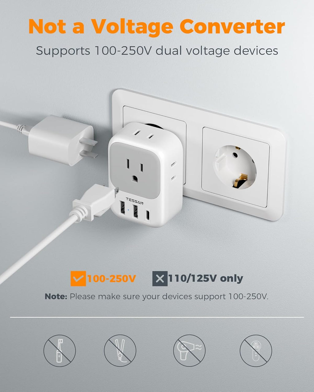 TESSAN European Plug Adapter - 4 Outlets & 3 USB Ports | Type C Travel Charger for Italy, Spain, France, Germany
