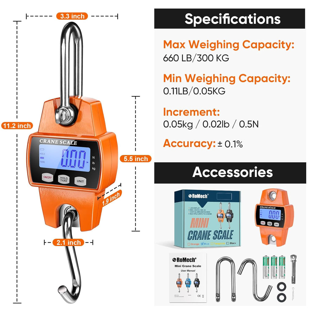 RoMech Digital Hanging Scale - 660lb Capacity, Durable Cast Aluminum, Mini Crane Scale for Outdoor Use (Orange)