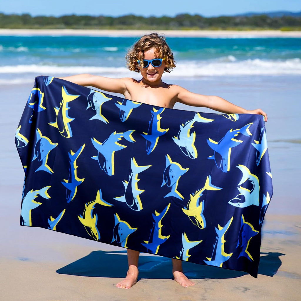 MelonBoat Large Microfiber Beach Towel: Bright Yellow Blue Shark Beach Towel for Travel, Super Absorbent Quick Dry Sand Free, Lightweight Compact for Kids Trip Vacation Bath Camping Pool Swim, 1 Pack