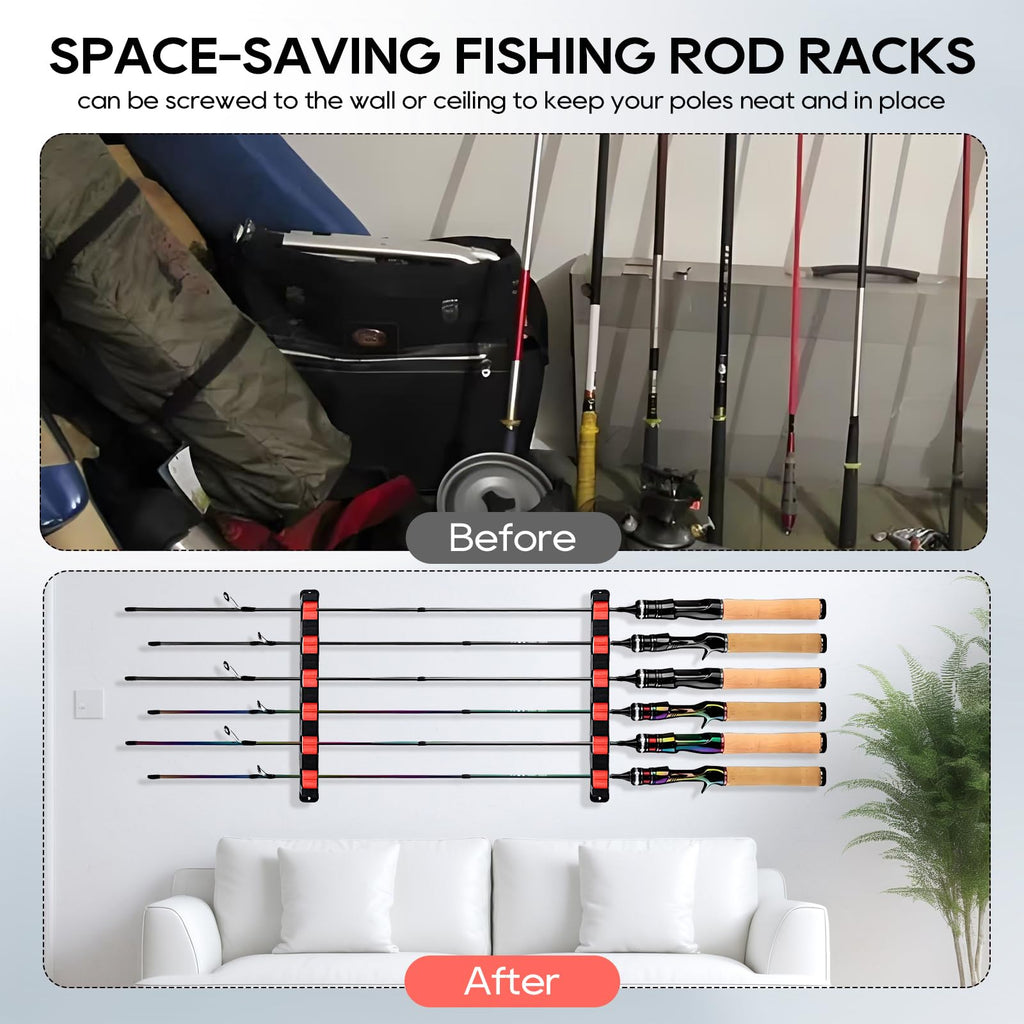 Axlksia Fishing Rod Holder Wall Mount, 1 Pair Fishing Pole Holders for Garage, Boats, 6 Fishing Rod Storage Racks