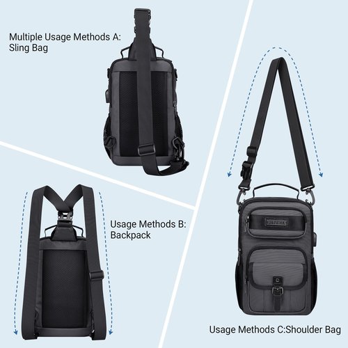 WITZMAN Sling Bag for Men Convertible Travel Sling Backpack USB Charging Port Lightweight Crossbody Bags Casual Daypack（B698 Silvery Grey）