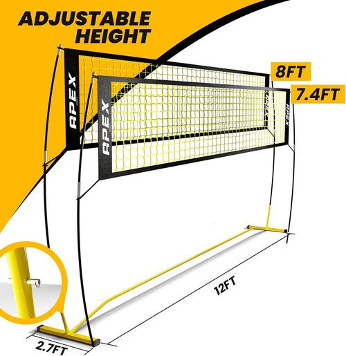 Apex Sports Volleyball Net - Portable Adjustable Height 7.4' to 8' | 12' Wide, Includes Carry Bag & Stakes