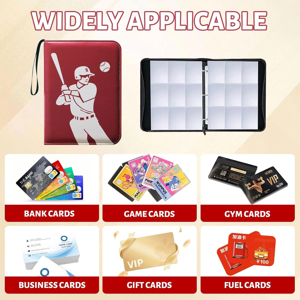 Trading Card Binder - 9-Pocket Baseball Design Album with 50 Removable Sleeves | Holds 900 Cards