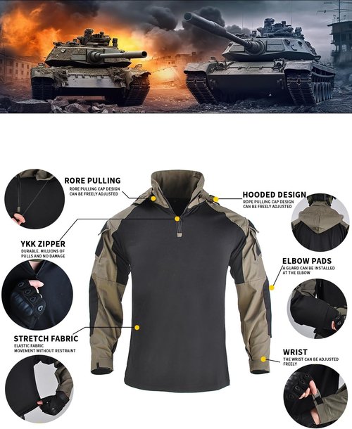 HAN·WILD Men's Tactical Combat Shirt - Long Sleeve Camo Military T-Shirt with Elbow Pads & Hood