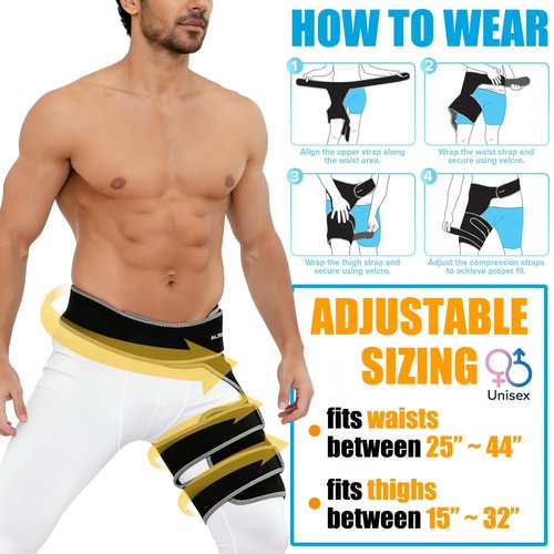Compression Support Wrap for Thigh Injury,Hip Brace for Women Men Sciatica Pain Relief Devices,Hip Flexor Compression Wrap for Comfortable Thigh,Sciatic Nerve,Labral Tear,Hamstring Pull(Black-Right)