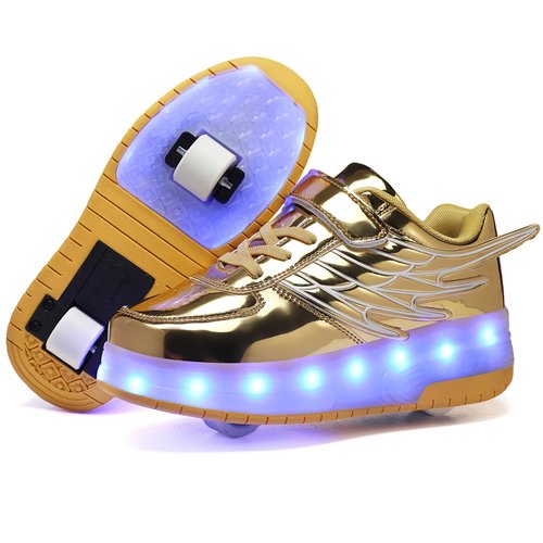 HOVERKICKES LED Roller Skate Shoes for Kids Boys Girls Light Up Roller Sneakers with Detachable Wheels Rechargeable Flashing Wheeled Shoes Gold