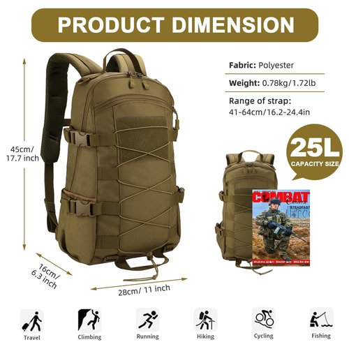 25L Hiking Backpack Small Tactical Backpack Daypack Camping Trekking Hunting Molle Pack for Men Women, Khaki