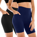 Leafigure 2 Pack Womens Biker Shorts with Pockets, High Waisted Tummy Control Yoga Shorts for Women Running Gym and Workout Black/Navy S-M