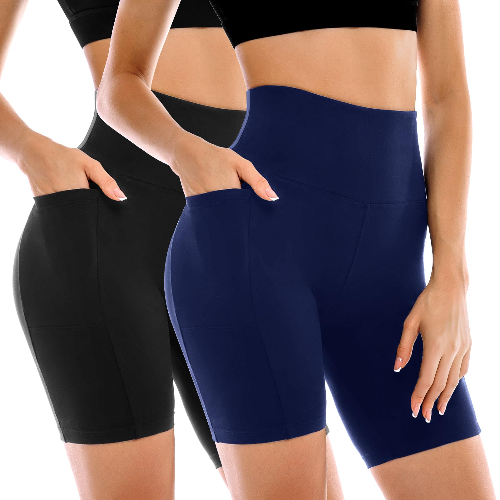 Leafigure 2 Pack Womens Biker Shorts with Pockets, High Waisted Tummy Control Yoga Shorts for Women Running Gym and Workout Black/Navy S-M