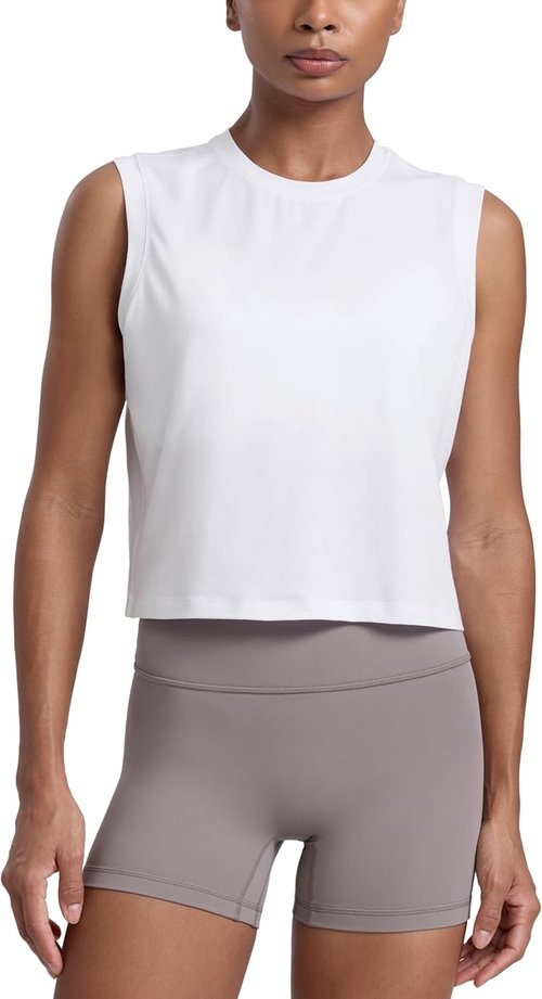 CRZ YOGA Muscle Tank for Women - Breathable Cotton-Blend, Quick Dry, High Neck Athletic Top | Casual Sleeveless Shirt