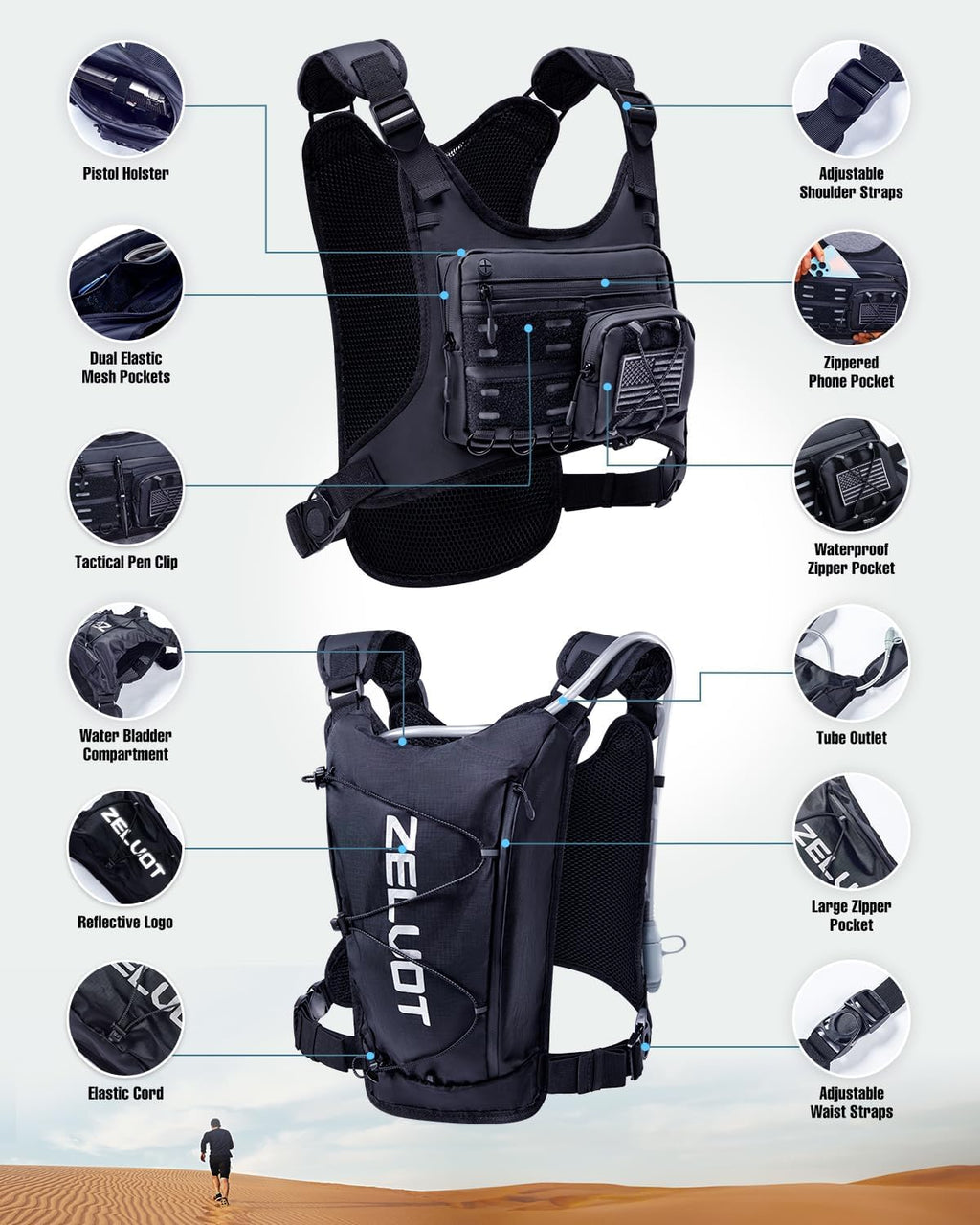 Zelvot Hydration Backpack - Lightweight Running Vest with 2L Water Bladder & Reflective Gear Holder | Ideal for Marathons