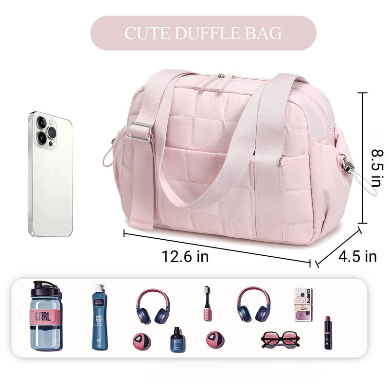 CAMTOP Mini Gym Bag for Women, Small Gym Tote Bag Puffy Quilted Sports Duffel Bag with Wet Compartment and Coin Purse Duffel Bags Dance Yoga Workout Bag for Gifts (All Coral Pink, Mini-12.6")