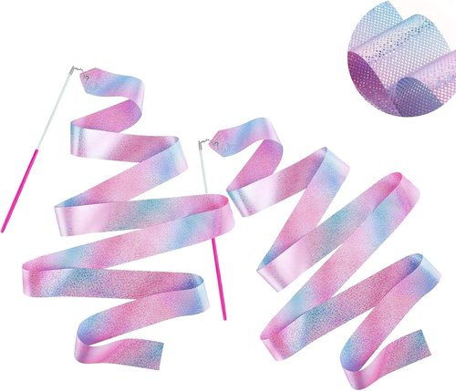 Claemtun 2PCS Sparkly Dance Ribbons - 78.74 Inch Rhythmic Gymnastics Wand for Girls & Adults