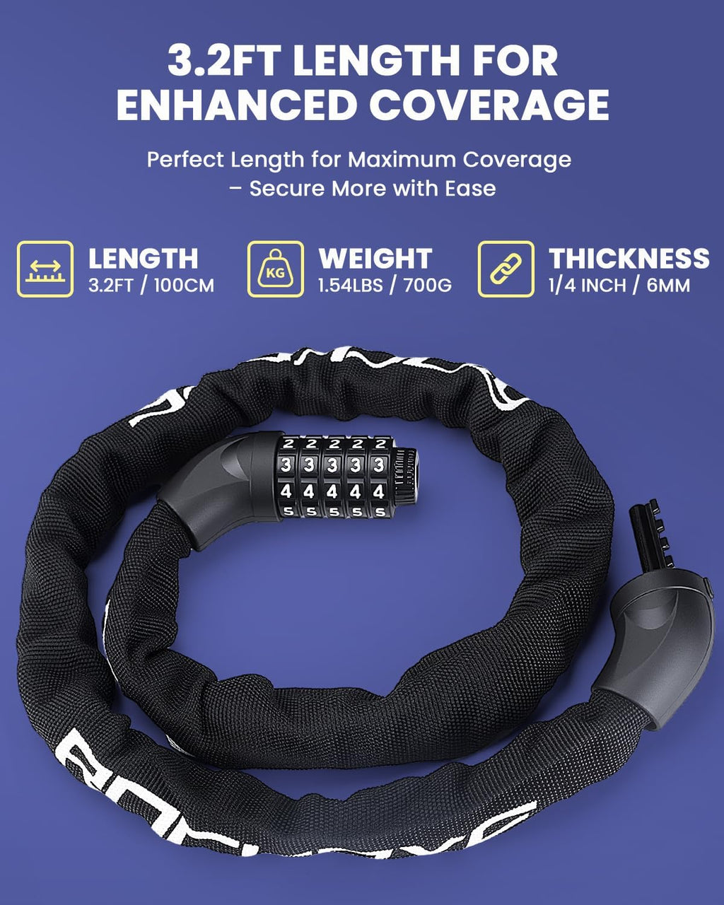 ONVIAN Heavy Duty Bike Lock - 5 Digit Combination, 3.2Ft Long Chain for High Security | Keyless for Ebike, Bicycle, Scooter, Motorcycle, Door, Gate, Fence