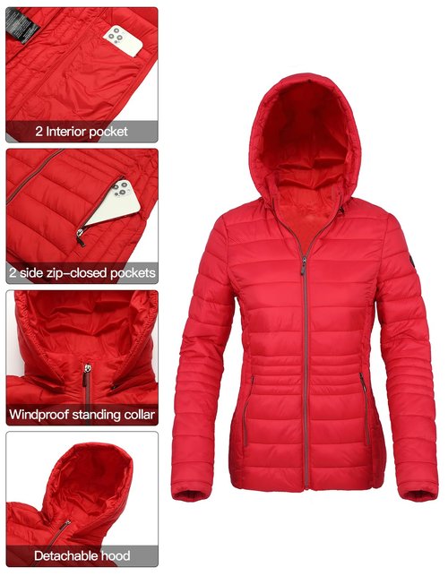 Xmgelp Lightweight Puffer Jacket Women Short Jacket Quilted Winter Coats with Detachable Hood, Red 2XL