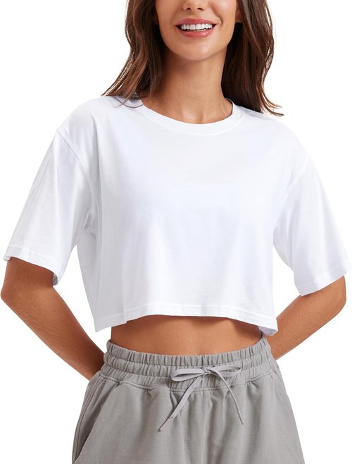 CRZ YOGA Pima Cotton Crop T-Shirts for Women - Comfortable Athletic Short Sleeve Tops
