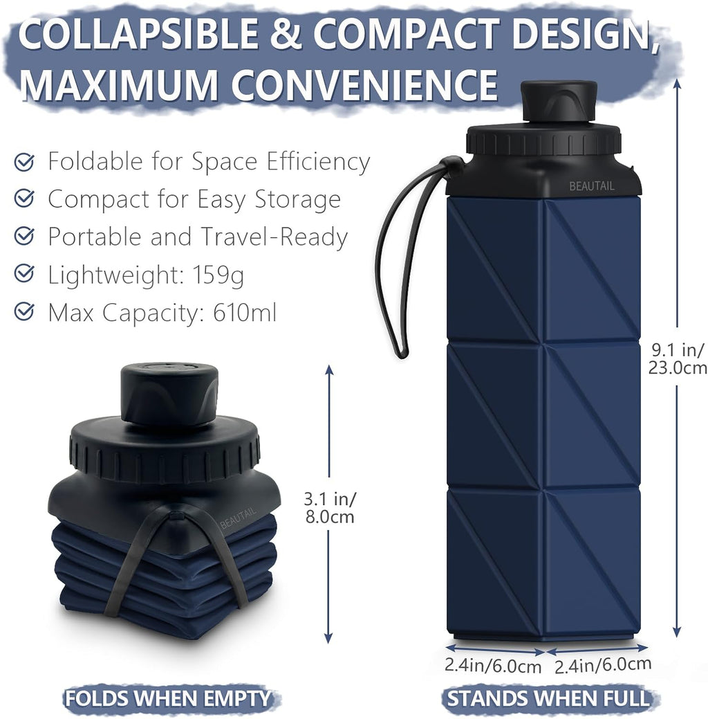 Skiennix Collapsible Water Bottle - BPA-Free Silicone, 610ml Leakproof Design for Travel & Sports | Dark Blue
