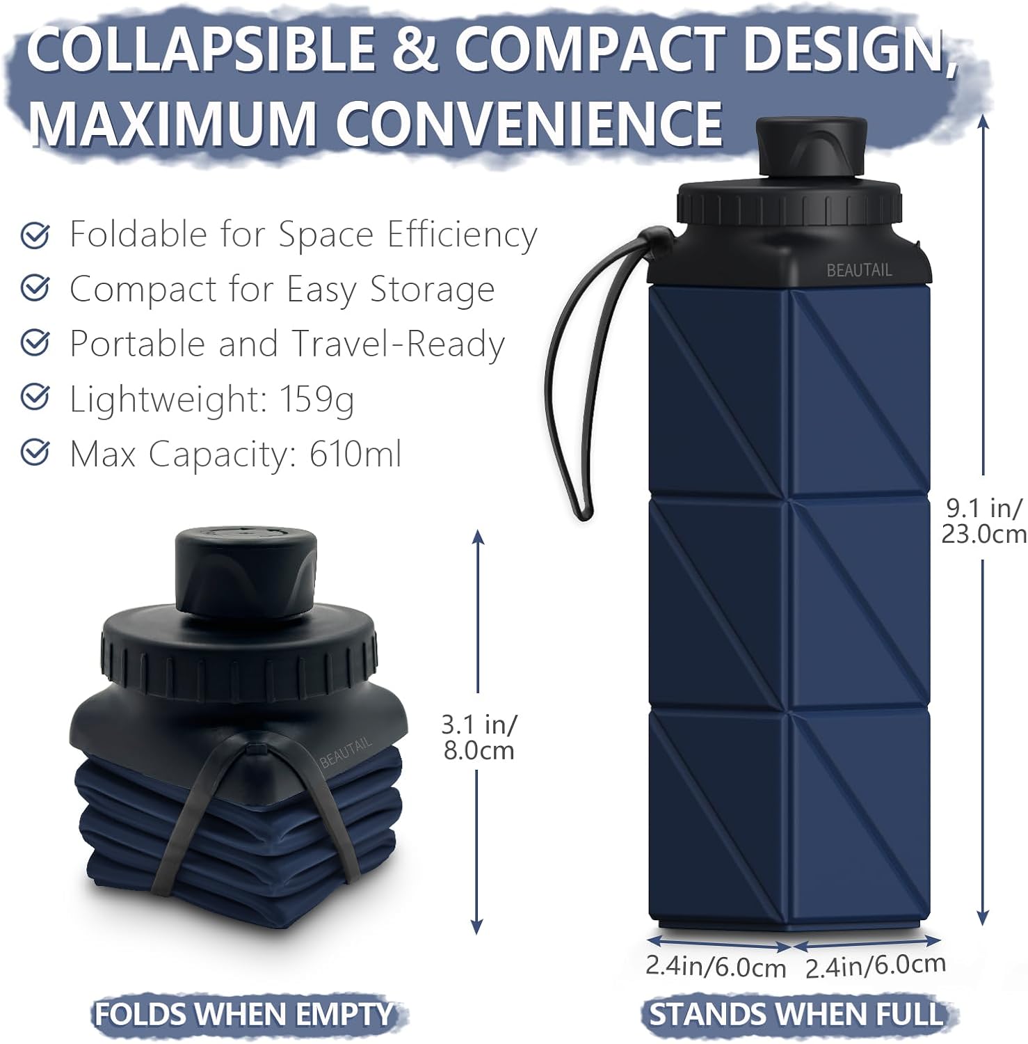 Skiennix Collapsible Water Bottle - BPA-Free Silicone, 610ml Leakproof Design for Travel & Sports | Dark Blue