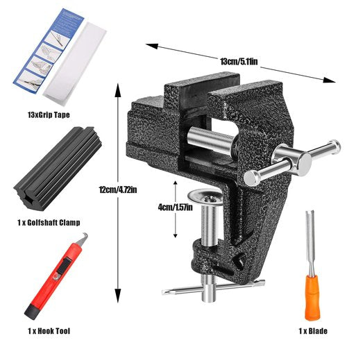Lwuey Golf Grip Kit for Regripping Golf Clubs, Aluminum Vise Clamp Quick Release Shaft Removal Tool Include Retractable Hook Blade, 15 Tapes Strips, Grip Tape Remover, Bench Vise and Rubber Clamps
