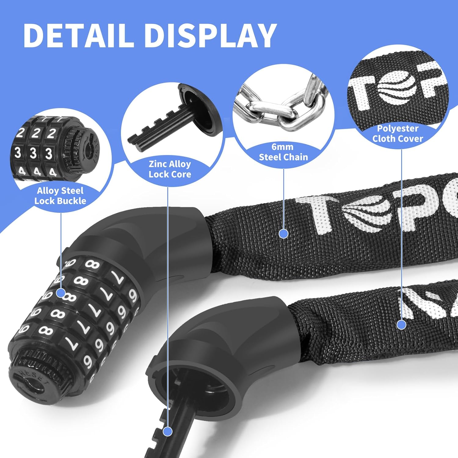 Topcrown Bike Chain Lock - 3.2Ft Long High-Security Anti-Theft Keyless Lock for Bikes & Scooters | Black