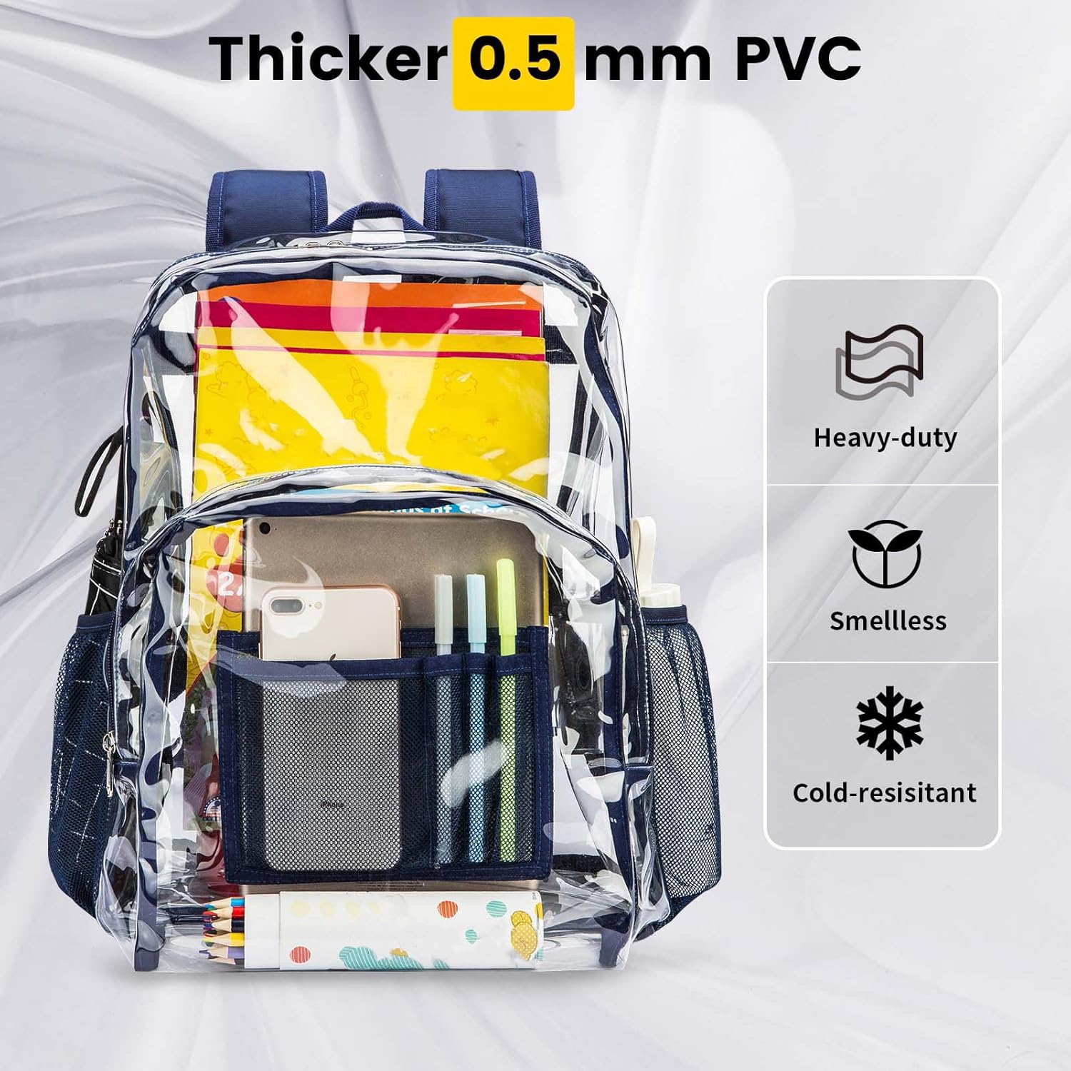 Vorspack Clear Backpack - Heavy Duty PVC with Reinforced Straps & Large Capacity | Navy Color